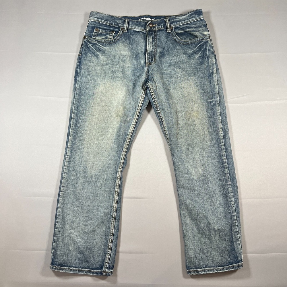 Flypaper Boot Cut Jeans Mens 36x30 Blue Whiskered Denim Cotton High Rise Western